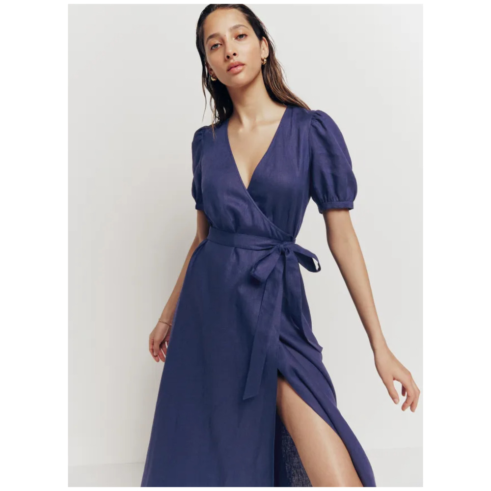 NWT Reformation Weiss Linen Wrap Midi Dress Danube Blue Women's Size XL - Picture 1 of 11